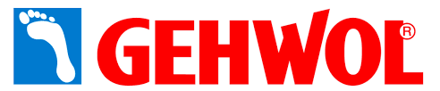 Gehwols logotyp, med varumärket med feta röda bokstäver med en blå fyrkant till vänster som innehåller en vit fot.
