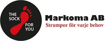 Markoma AB-logga med ett rött fotavtryck och frasen "The Sock For You" inuti en svart cirkel. Nedan står det "Strumpor för varje behov" med röd text.